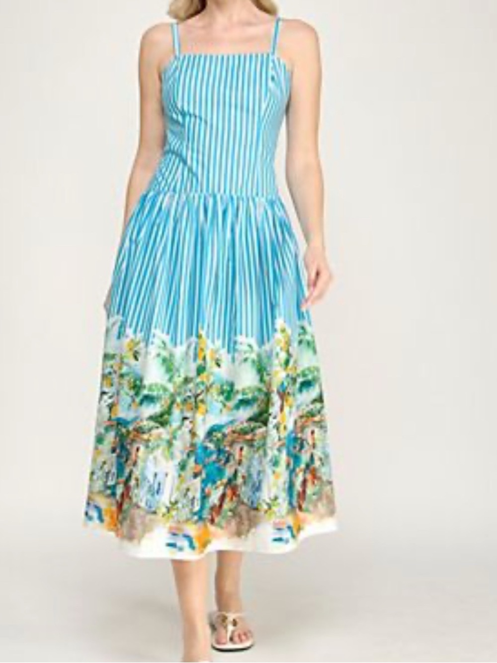 Blue Striped Tropical-Print Midi Dress